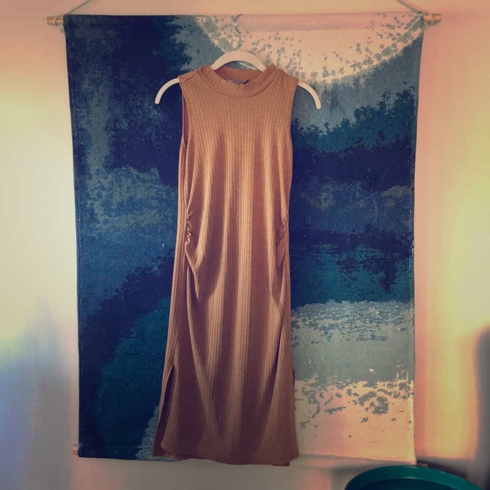 Maternity mock neck tan dress